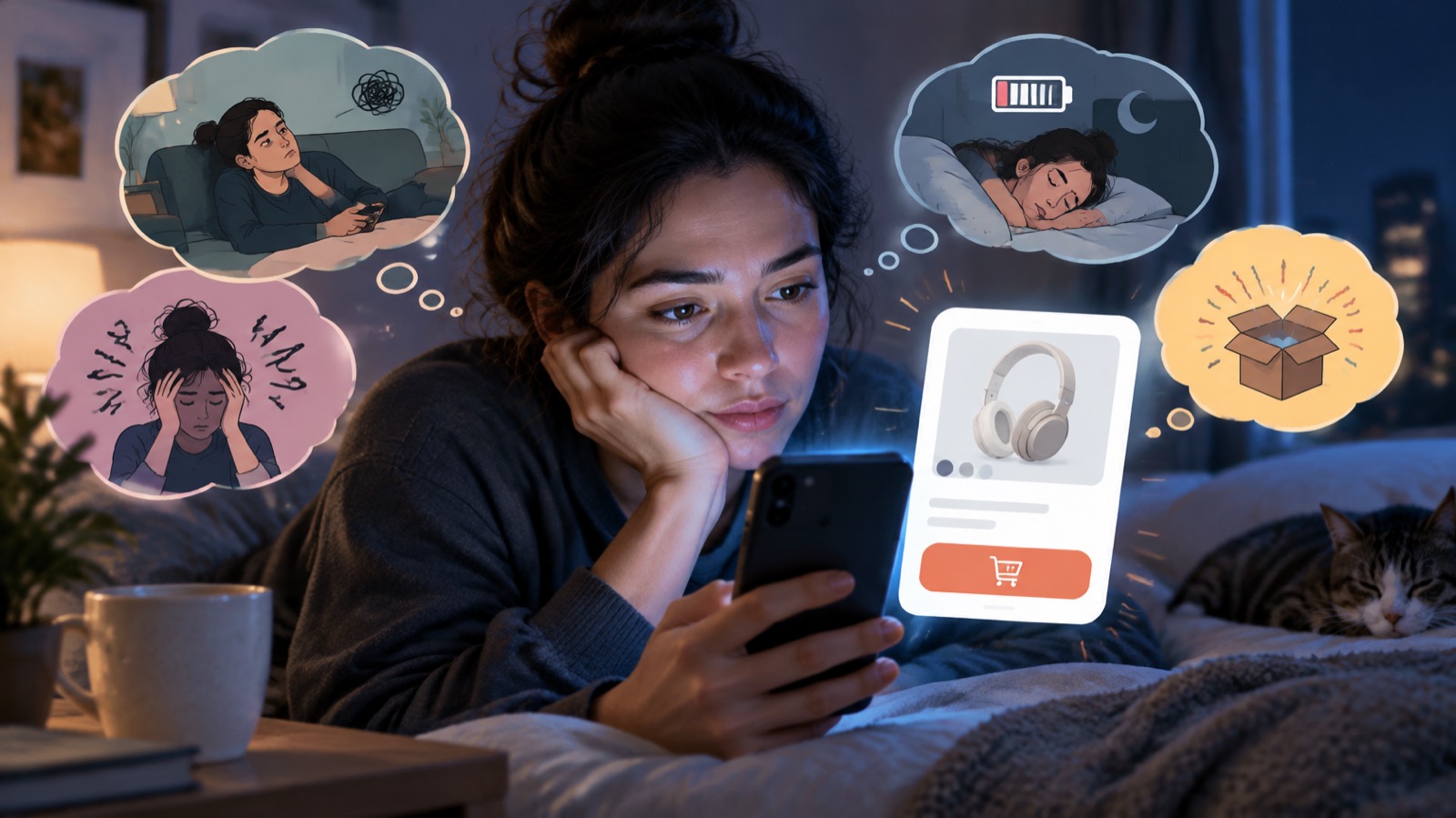 A woman lies in bed at night looking at a shopping app on her phone, with thought bubbles showing the boredom, stress, tiredness and excitement of something new that can trigger an impulse purchase