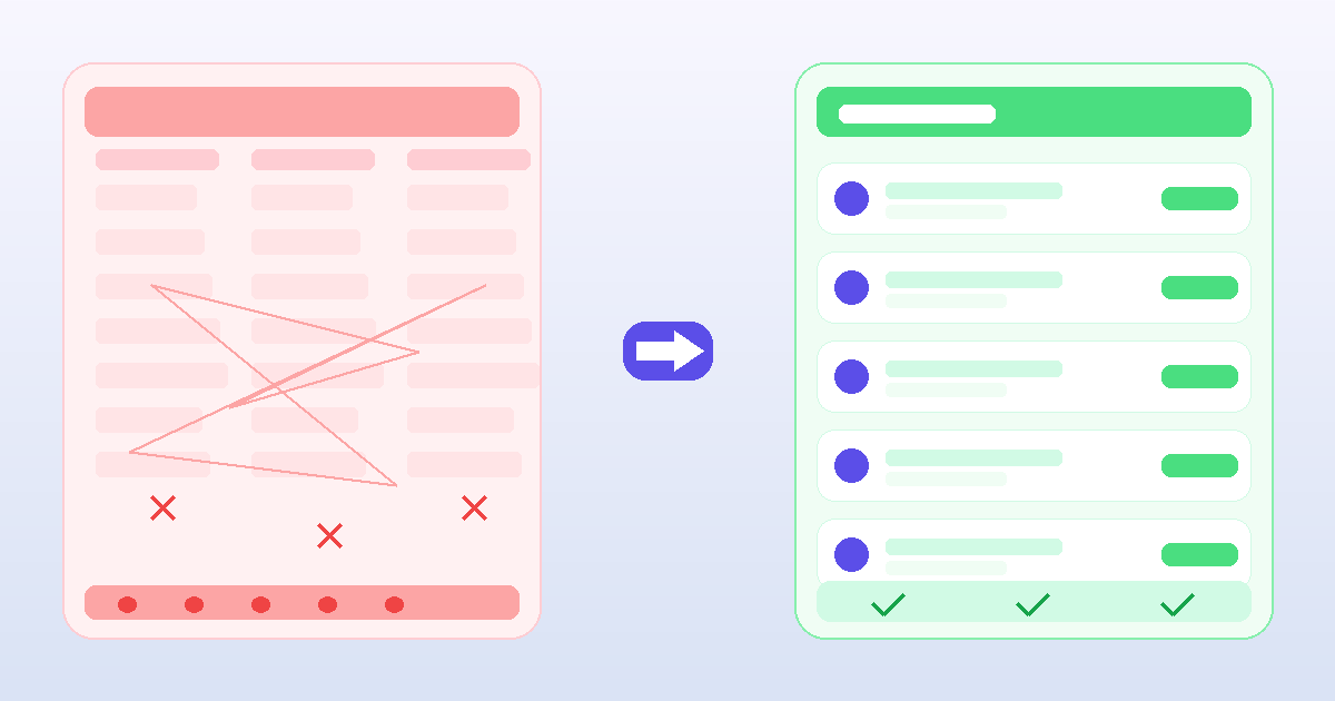 Split image: left shows a tangled, overwhelming spreadsheet with red X marks; right shows a calm, clean transaction list with simple entries