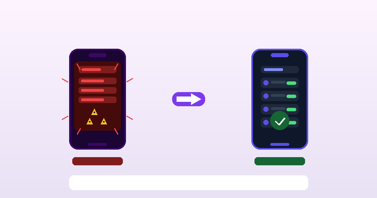 Two phones side by side: the left showing a stressful red dashboard with warning symbols, the right showing a calm clean balance after following the ritual