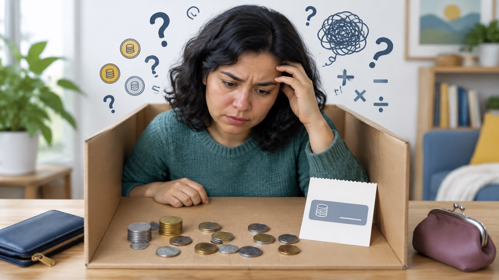 A woman at a table rests her head on her hand and looks worried at coins spread in front of her, with question marks and math symbols drawn around her head