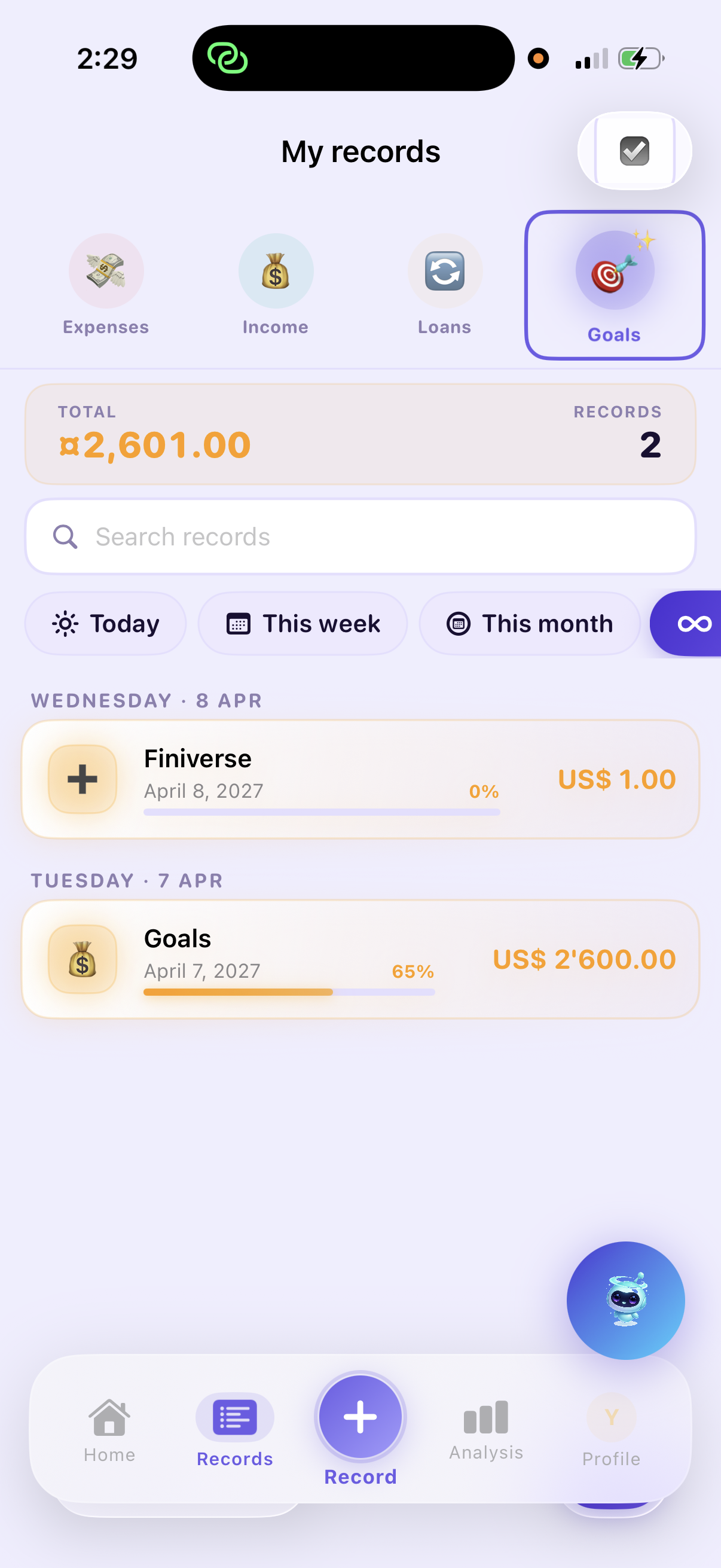 Finiverse goals view